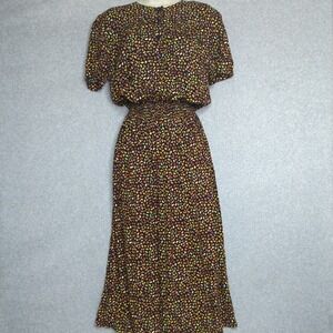 Virgo II‎ Vintage 80s Midi Dress Size 10 Multicolor Rayon Smocked Waist Retro